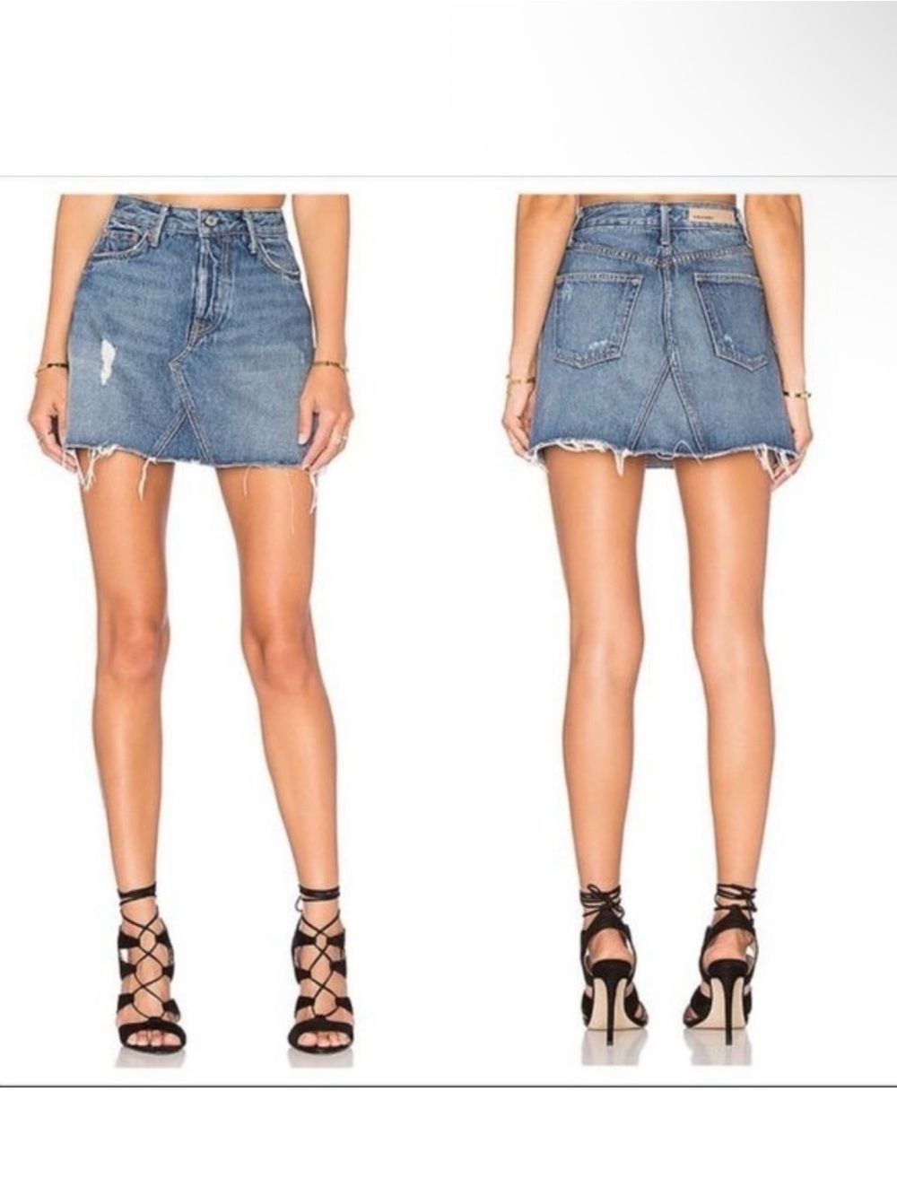GRLFRND Eva Denim Mini Skirt Walk This Way Distressed Raw Hem A-Line 28